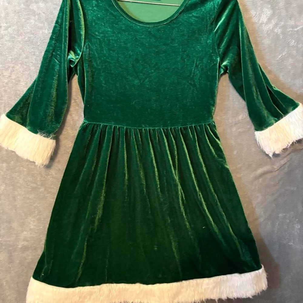Holiday Time Green Velvet Dress White Fur Trim Christmas Festive Women L 10-12